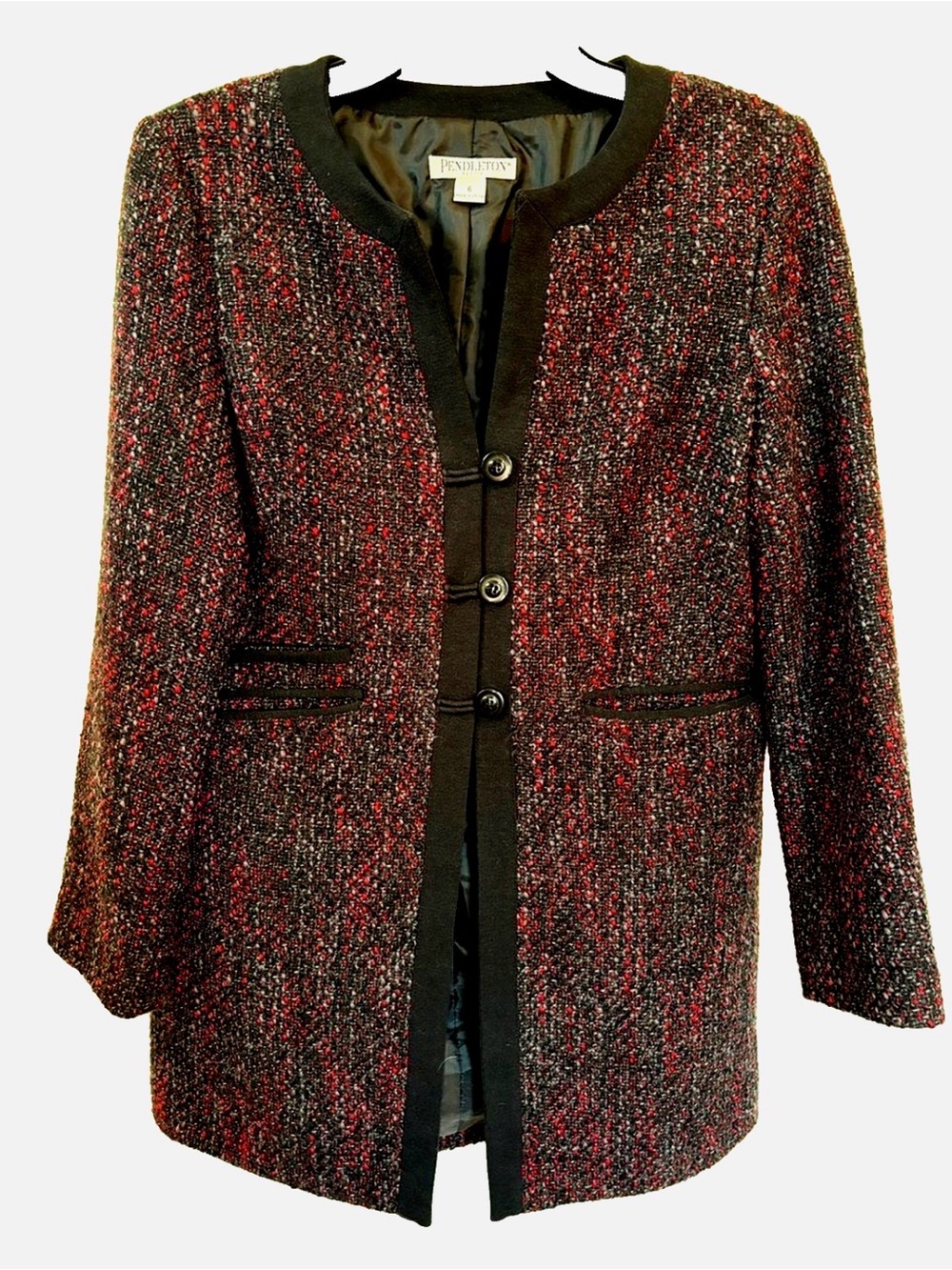 Pendleton Petite Bouclé Knit Long Cardigan Jacket Black Red Textured Size 6